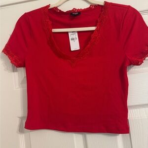 Express Red Lace Trim Crop Top